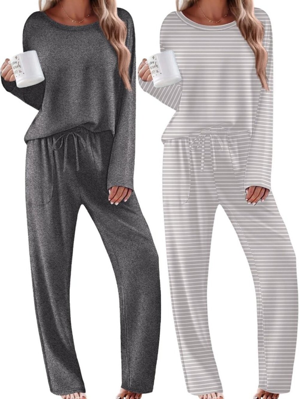 Cozy Women's Pajama Set - 2 Pack Long Sleeve & Pants Loungewear Sleepwear